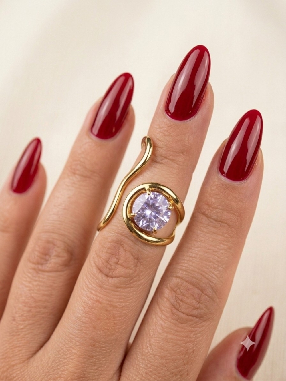 Stainless Steel Gold Statement Ring with Purple Gemstone